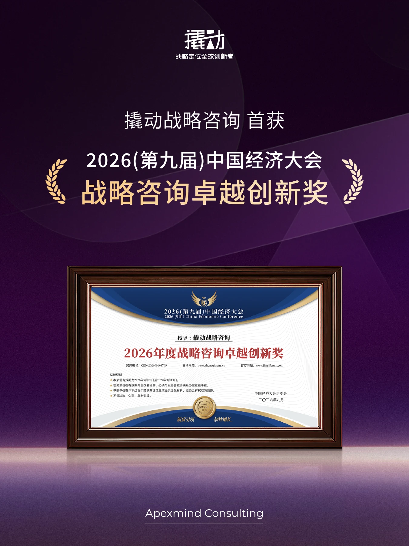 战略咨询卓越创新奖完整竖版海报,含奖牌编号与荣誉有效期